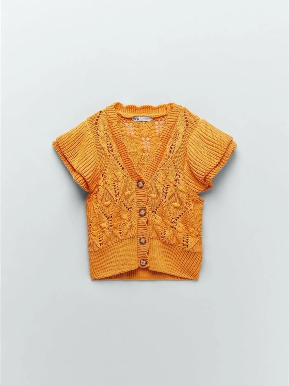 Zara light orange  Open-Knit Short Sleeve cotton Cardigan - Picture 12 of 12